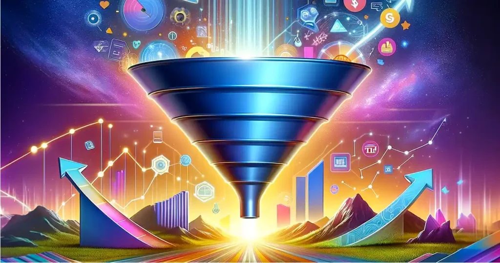 One funnel away challenge review image, an abstract concept of a funnel and a vibrant digital landscape