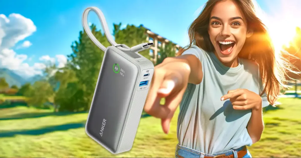 Woman excited about anker nano power bank for charging her iphone 15 during our review
