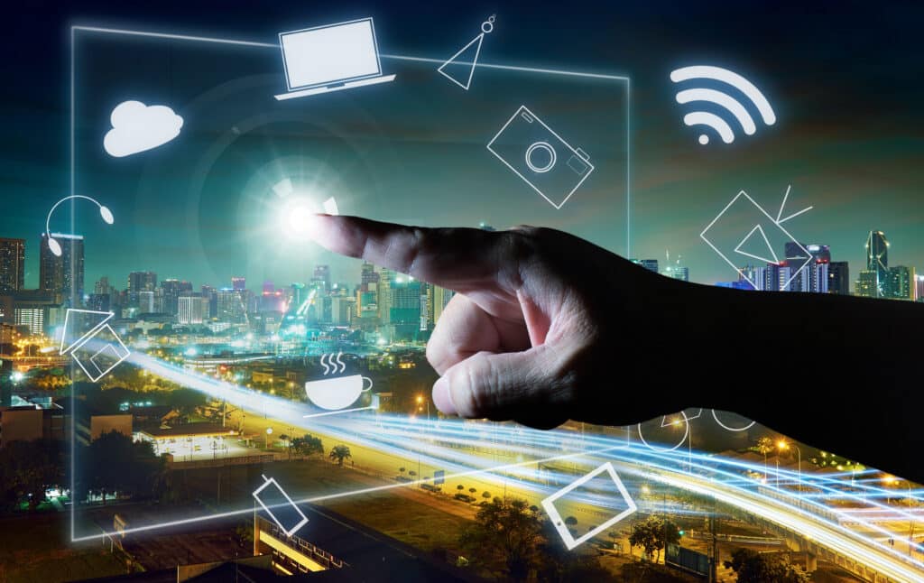 Graphicstock man touching illustrating social media presentation with his finger on virtual screen cyber concept background city skyline background h goiidgsg